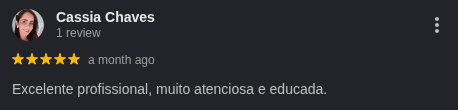 Avaliação 5 estrelas de Cassia Chaves no Google sobre atendimento da Elivânia Abreu