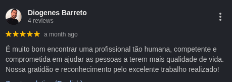 Avaliação 5 estrelas de Diogenes Barreto no Google sobre atendimento da Elivânia Abreu