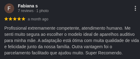 Avaliação 5 estrelas de Fabiana S. no Google sobre atendimento da Elivânia Abreu
