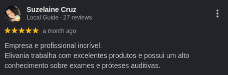 Avaliação 5 estrelas de Suzelaine Cruz no Google sobre atendimento da Elivânia Abreu
