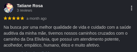 Avaliação 5 estrelas de Tatiane Rosa no Google sobre atendimento da Elivânia Abreu